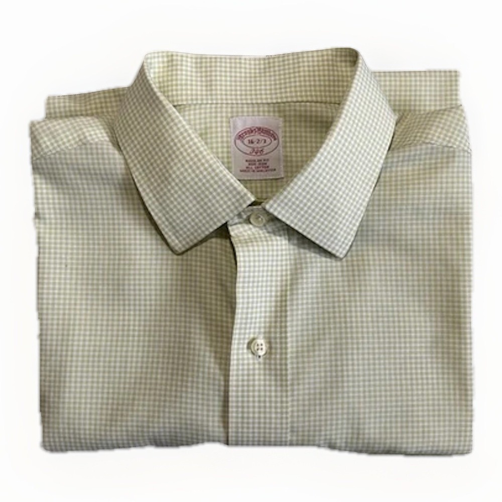 Brooks Brothers Dress Shirt Mens 16-2/3 Button Up Green White Check 346 No Iron - Picture 9 of 9